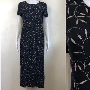 Vintage Floral Midi Dress | Stretch Knit Black Leaf Print Dress | Womens Size SM